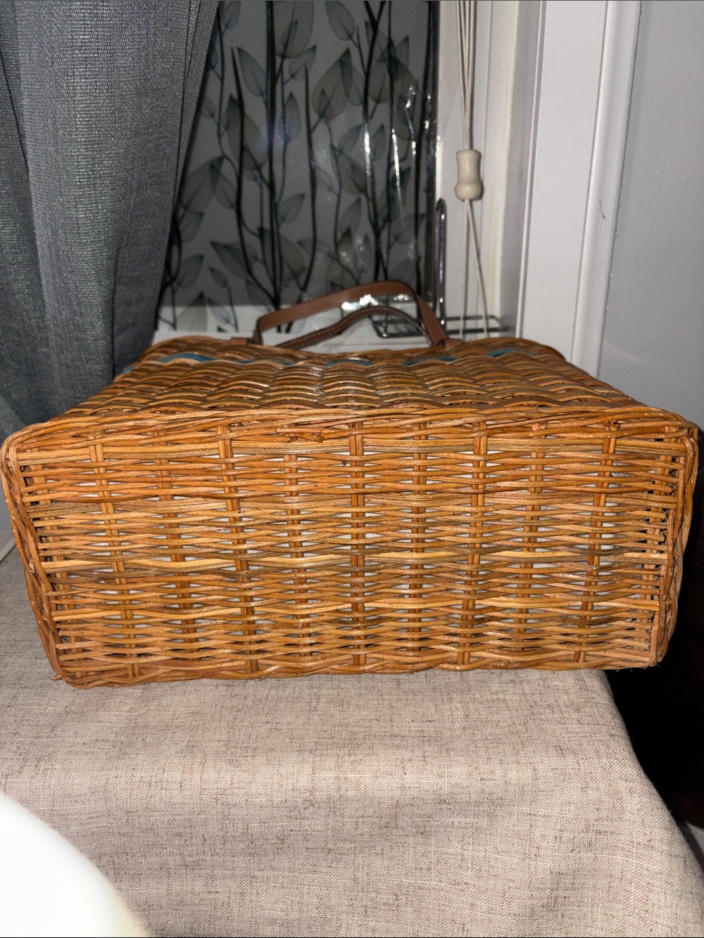 Kate Spade vintage Woven Tote Bag with Teal Accent and Tan Leather Handles - Picture 5 of 12